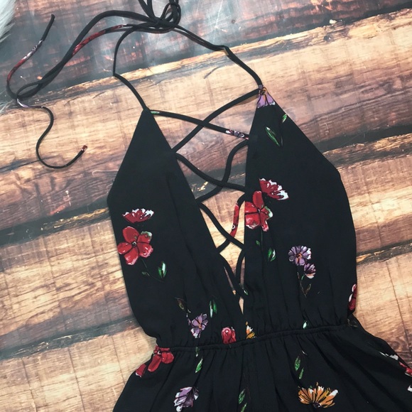 Sale!  Floral Lace Up Strappy Deep V Open Romper - Picture 7 of 8